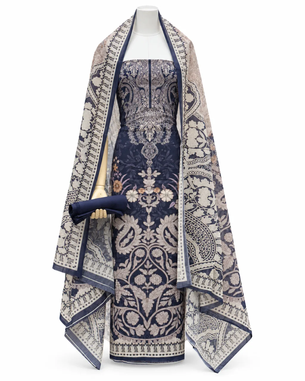 Zam Zam Navy Large Damask Beige Paisley