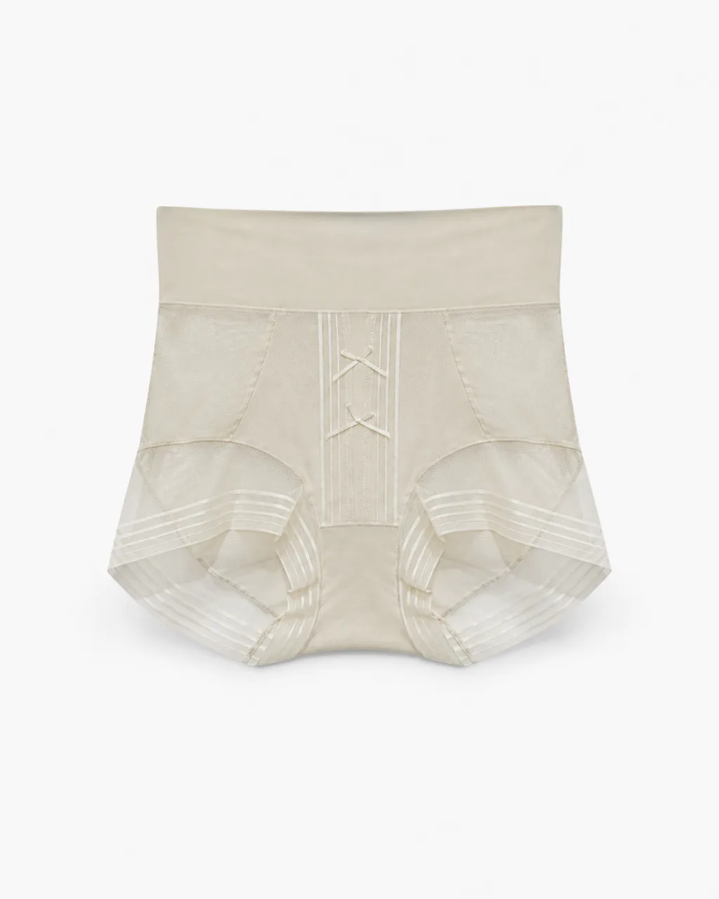 Women's Warm Cream Beige High-Waist Mesh-Panel Shaping Briefs with Double Bows