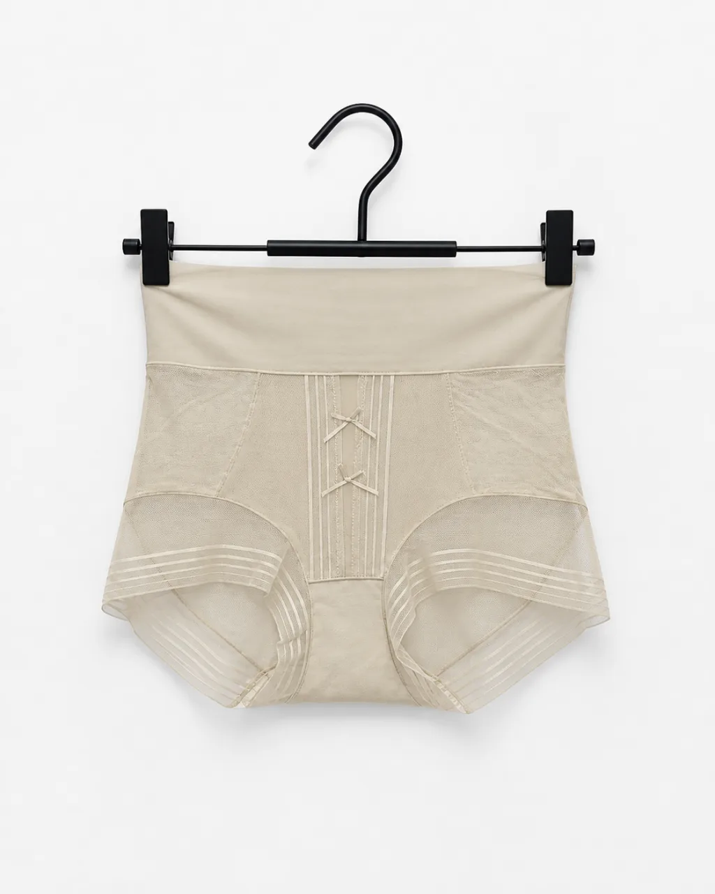 Women's Warm Cream Beige High-Waist Mesh-Panel Shaping Briefs with Double Bows