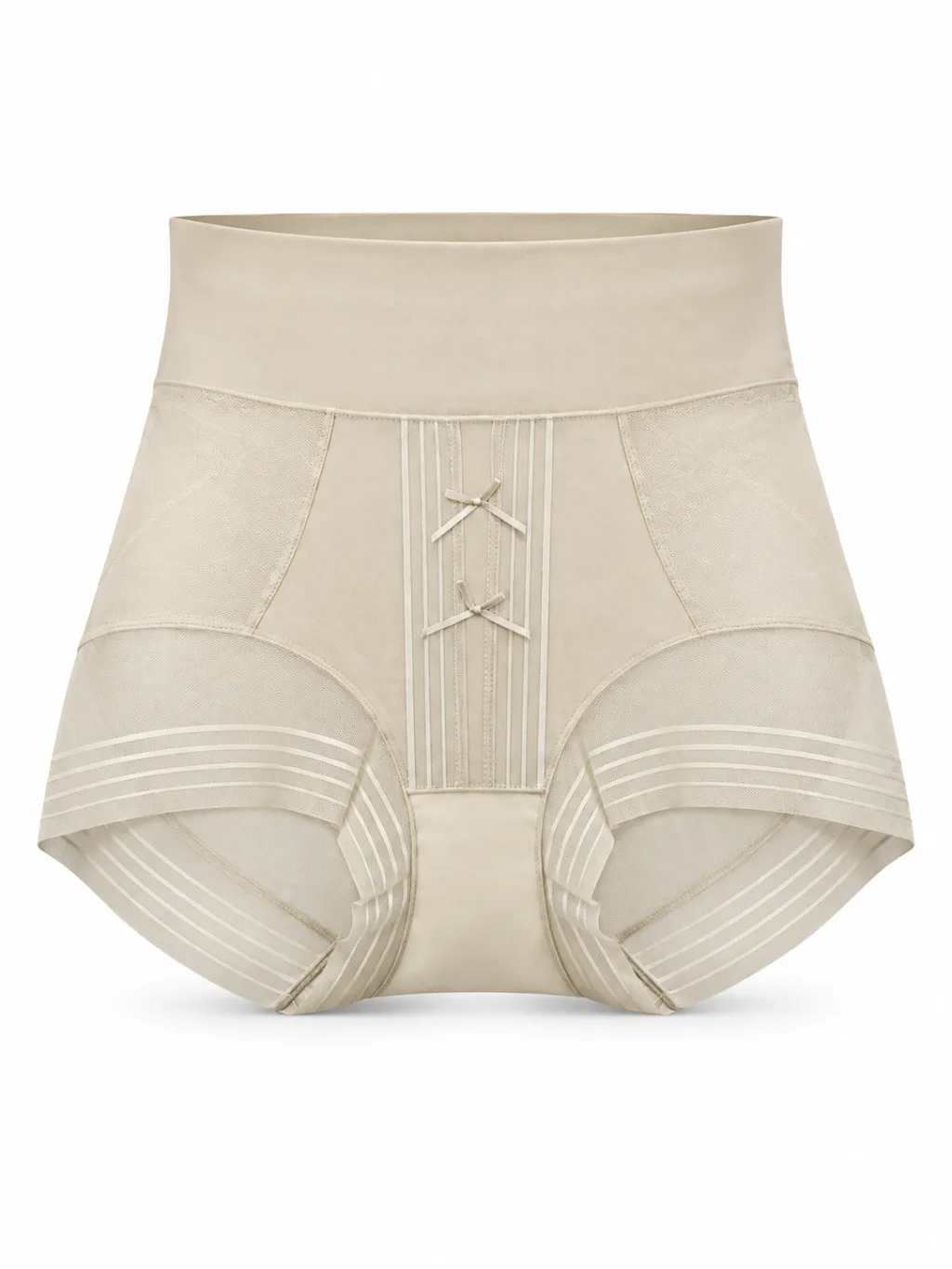 Women's Warm Cream Beige High-Waist Mesh-Panel Shaping Briefs with Double Bows