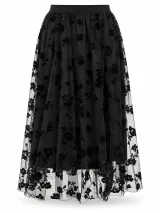 Floral Flocked Mesh Midi Skirt - ছবি 2