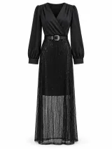 Belted Satin & Sequin Maxi Dress - ছবি 2
