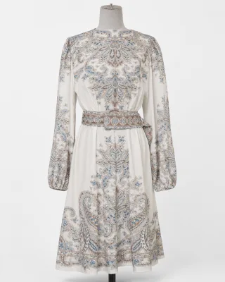 Paisley Print Belted A-Line Dress