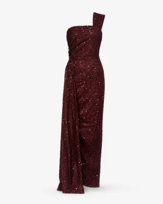 One-Shoulder Sequin Draped Gown