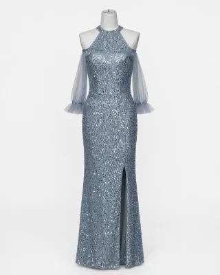 Sequin Cold Shoulder Slit Gown