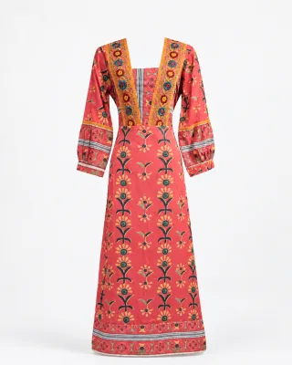 Floral Block Print V-Neck Midi Dress