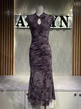 Floral Cheongsam Mesh Midi Dress
