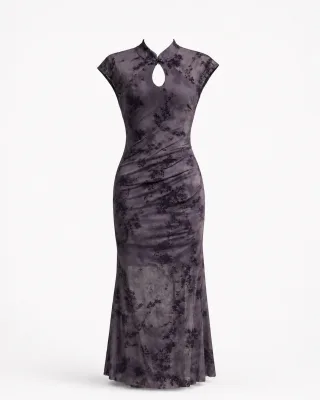 Floral Cheongsam Mesh Midi Dress