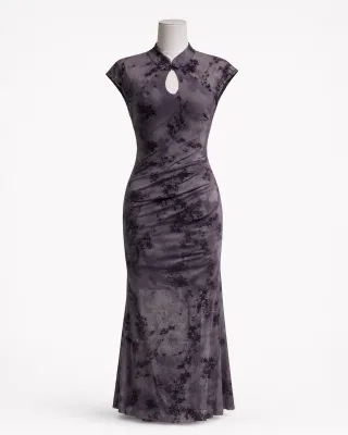 Floral Cheongsam Mesh Midi Dress