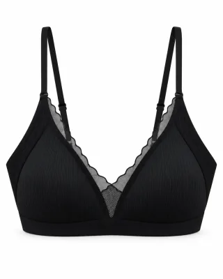 Ribbed Triangle Bra with Scalloped Mesh Trim