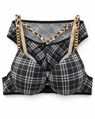 Women's Plaid Bra and Panty Set with Leopard Trim
