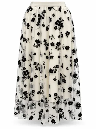 Floral Flocked Mesh Midi Skirt