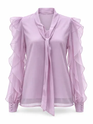 Tie-Neck Ruffle-Sleeve Blouse