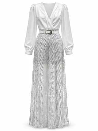 Belted Satin & Sequin Maxi Dress