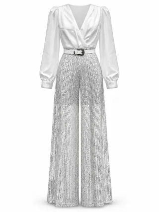 Belted Satin & Sequin Trouser Outfit