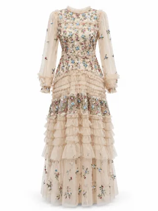 Floral Embroidered Tiered Tulle Dress