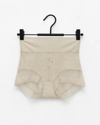Women's Warm Cream Beige High-Waist Mesh-Panel Shaping Briefs with Double Bows