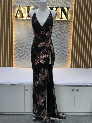 Sequin Floral Halter Slit Gown