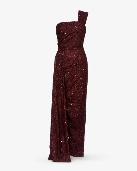 One-Shoulder Sequin Draped Gown