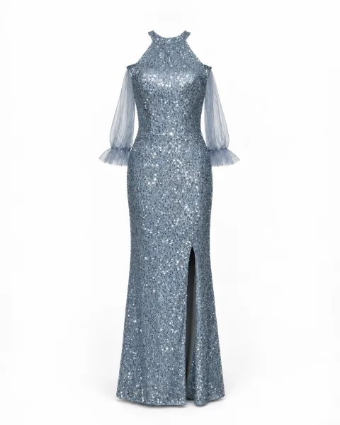 Sequin Cold Shoulder Slit Gown