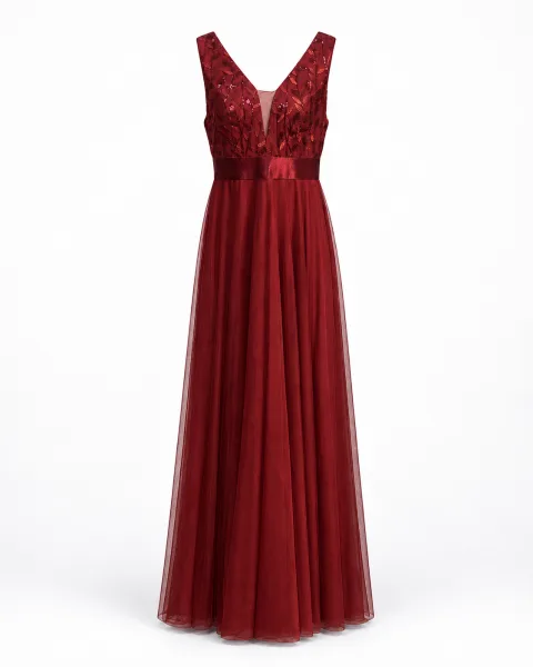 V-Neck Tulle Evening Gown - alternate view