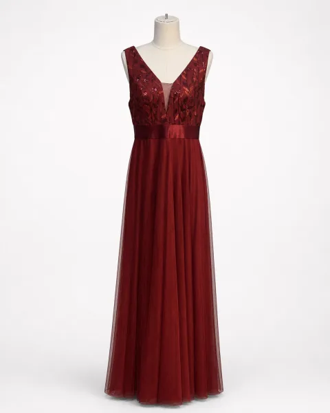 V-Neck Tulle Evening Gown - alternate view