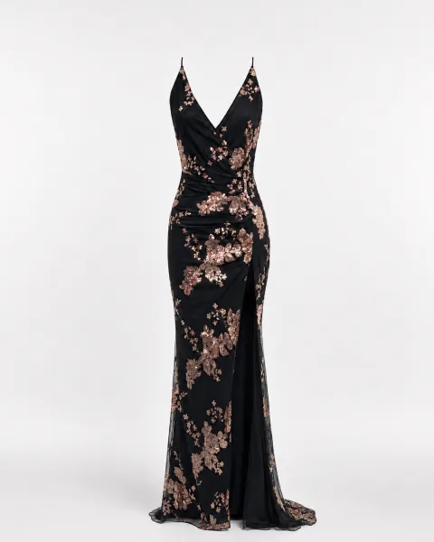 Sequin Floral Halter Slit Gown