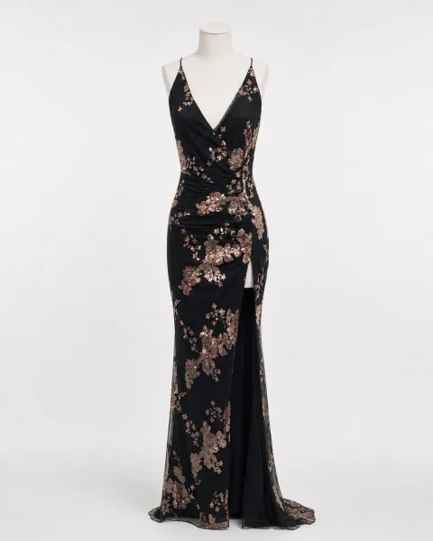 Sequin Floral Halter Slit Gown