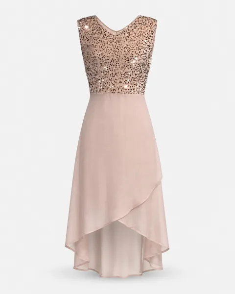 Sequin V-Neck Hi-Lo Dress