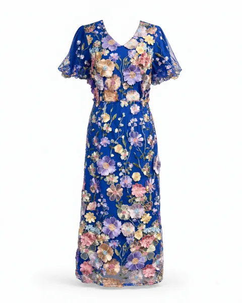 Floral Embroidered V-Neck Midi Dress