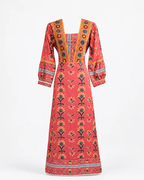 Floral Block Print V-Neck Midi Dress