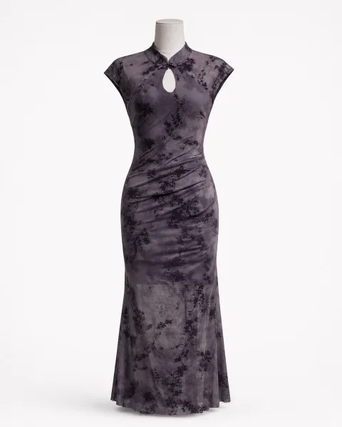 Floral Cheongsam Mesh Midi Dress
