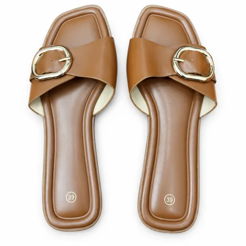 Oval-Buckle Cross-Strap Flat Slides