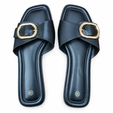 Oval-Buckle Cross-Strap Flat Slides - বিকল্প ছবি