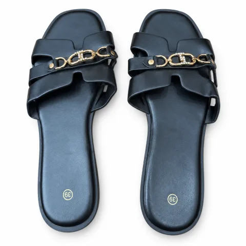 Chain-Detail Cross-Strap Flat Slides