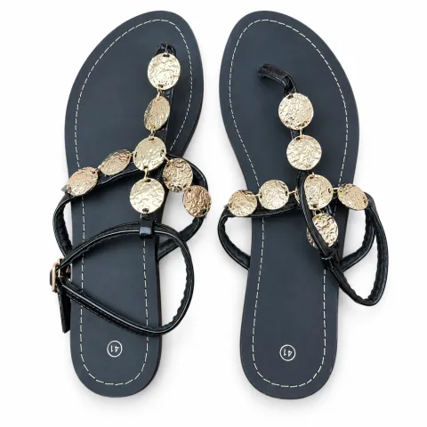 Jewel-Detail T-Strap Flat Sandals