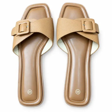 Square-Buckle Cross-Strap Flat Slides