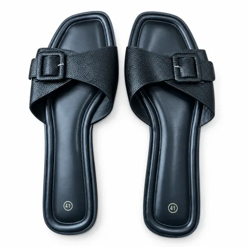 Square-Buckle Cross-Strap Flat Slides - বিকল্প ছবি