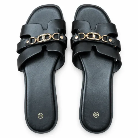 Chain-Detail Cross-Strap Flat Slides
