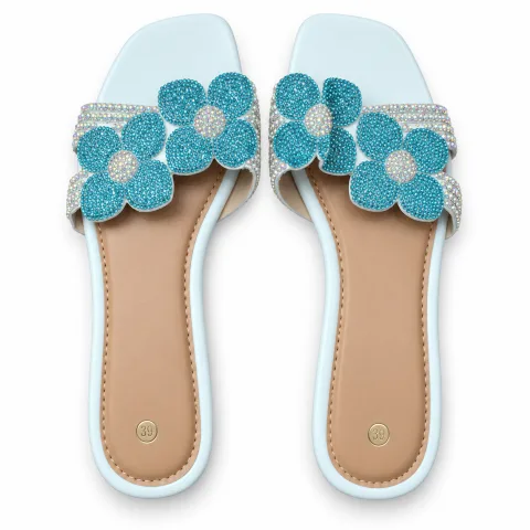 Floral Rhinestone Flat Slide Sandals