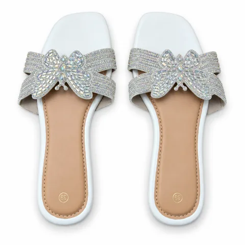 Rhinestone Bow Flat Slide Sandals