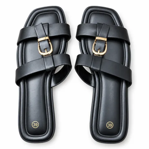 Double-Buckle Cross-Strap Flat Slides