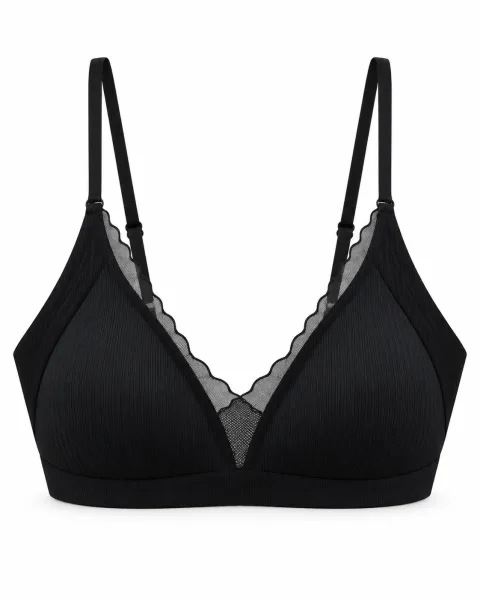 Ribbed Triangle Bra with Scalloped Mesh Trim