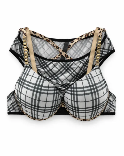 Women's Plaid Bra and Panty Set with Leopard Trim - বিকল্প ছবি