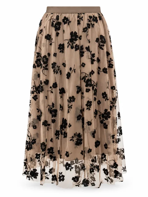 Floral Flocked Mesh Midi Skirt - বিকল্প ছবি