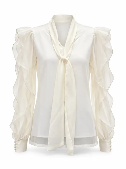 Tie-Neck Ruffle-Sleeve Blouse - বিকল্প ছবি
