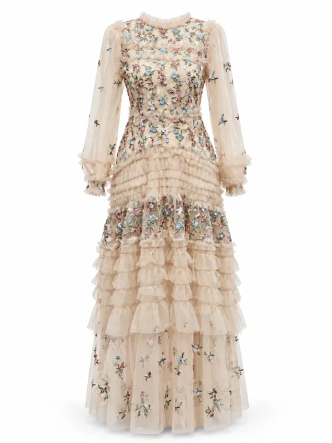 Floral Embroidered Tiered Tulle Dress