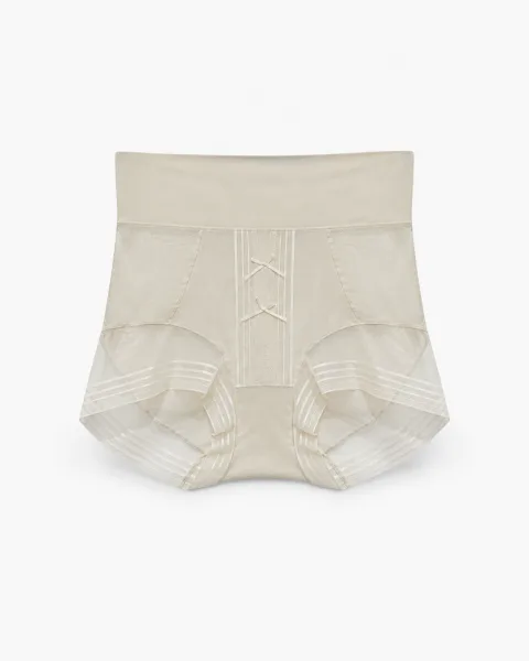 Women's Warm Cream Beige High-Waist Mesh-Panel Shaping Briefs with Double Bows