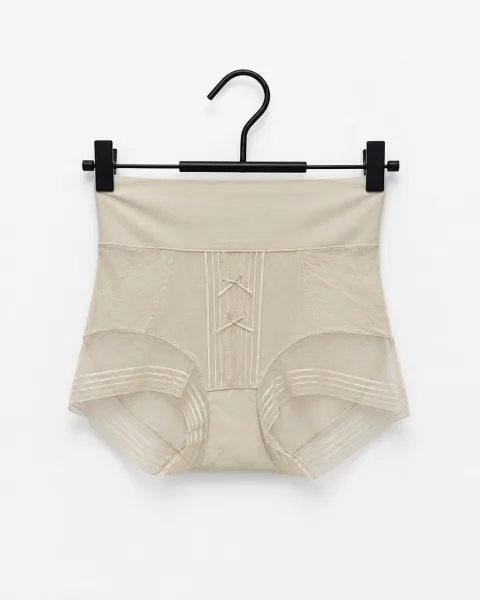 Women's Warm Cream Beige High-Waist Mesh-Panel Shaping Briefs with Double Bows