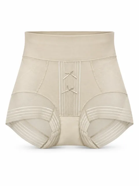 Women's Warm Cream Beige High-Waist Mesh-Panel Shaping Briefs with Double Bows